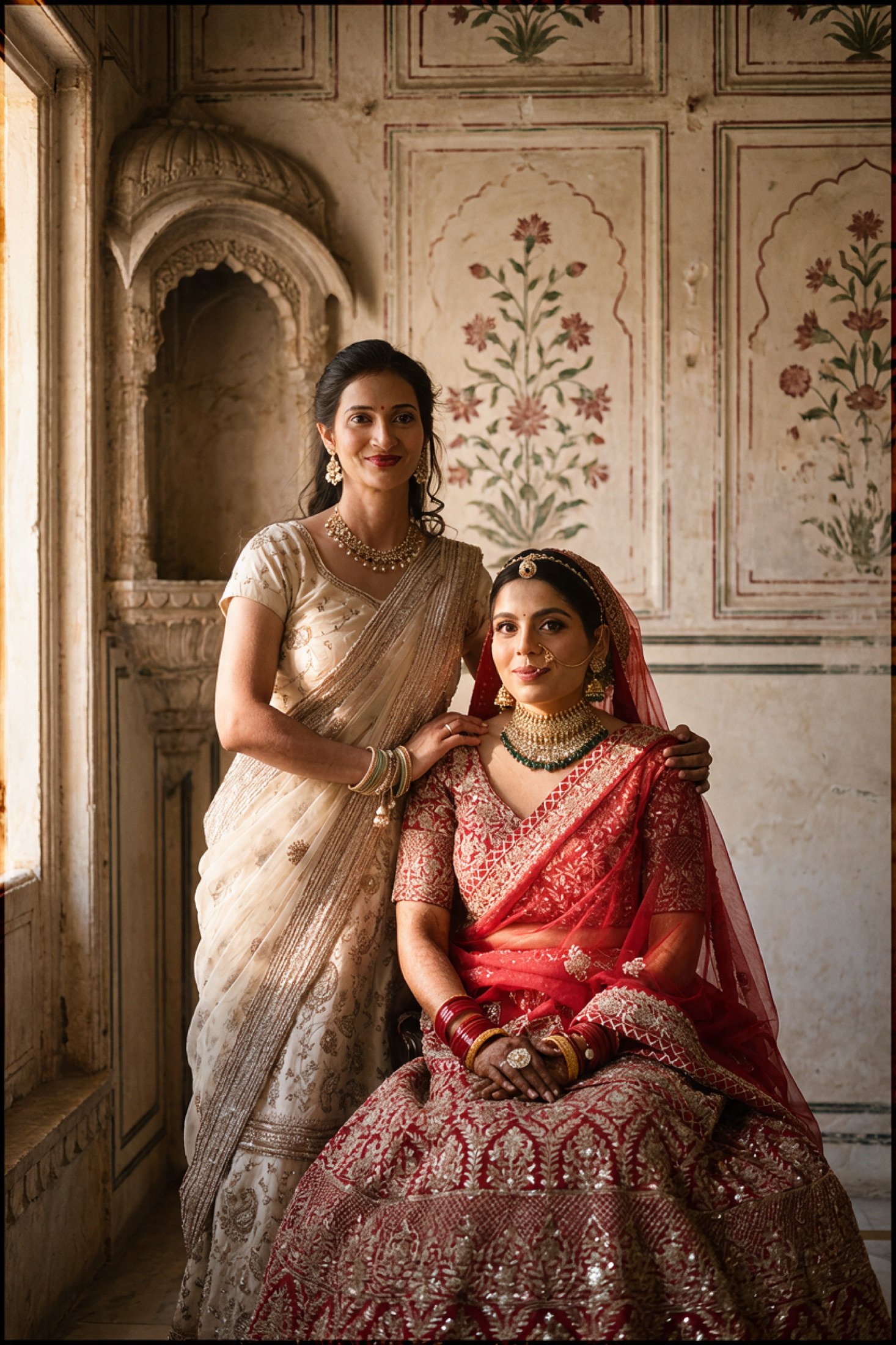 Bridal Portraits: Her people, close by. Hands on her shoulders, helping hands at her lehenga.